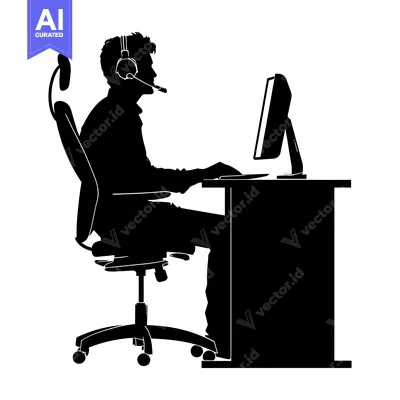 Premium design asset: Silhouette of a Person Wearing Headphones Sitting at a Desk in Front o