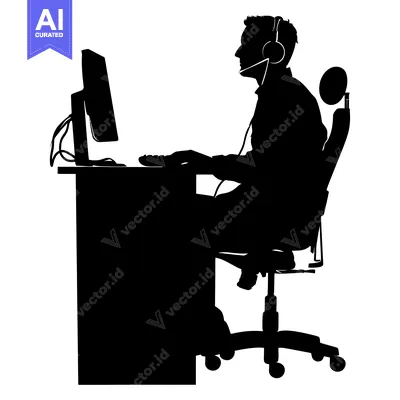 Aset desain premium: Silhouette of a Person Sitting at a Computer Desk Wearing Headphones