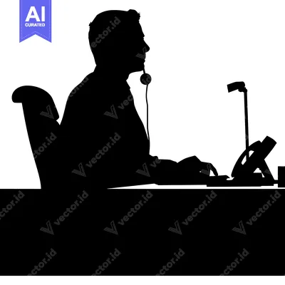 Aset premium populer: Silhouette of a person sitting at a desk with a headset on and a micro