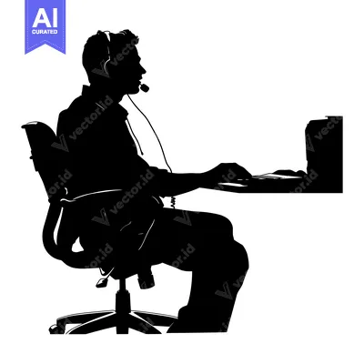Aset premium populer: Silhouette of a Person Wearing a Headset Sitting at a Desk with a Comp