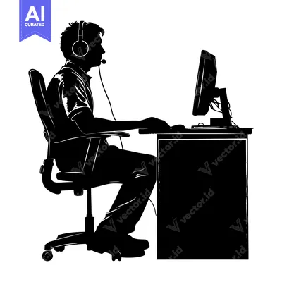 Aset desain premium: Silhouette of a Person Wearing Headphones and Using a Computer