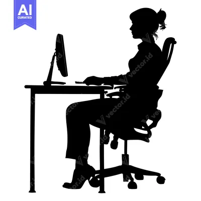 Aset desain premium: Silhouette of a Woman Working at a Desk with a Computer