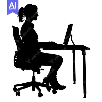 Aset desain premium: Silhouette of a Woman Working at a Computer Desk