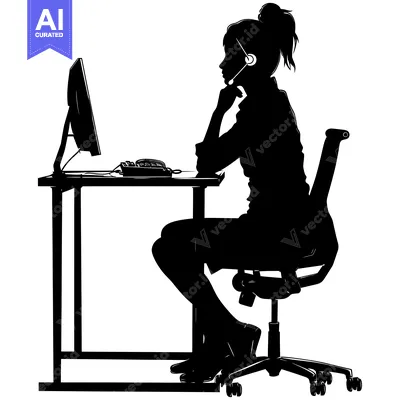 Premium design asset: Silhouette of a woman working at a desk with a computer and headset