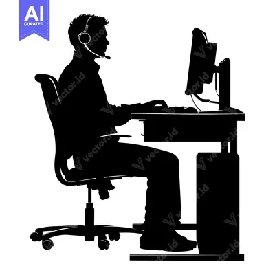 Aset desain premium: Silhouette of a Person Wearing a Headset Sitting at a Desk Using a Com