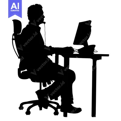 Aset premium populer: Silhouette of a Person Sitting at a Desk with a Computer and Headset