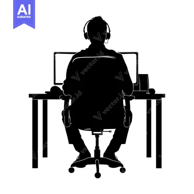 Aset premium populer: Silhouette of a Person Sitting in a Chair at a Desk with a Computer an