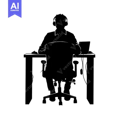 Aset premium populer: Silhouette of a Person Sitting at a Desk Wearing Headphones