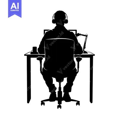 Aset premium populer: Silhouette of a Person Sitting in a Chair at a Desk with Headphones