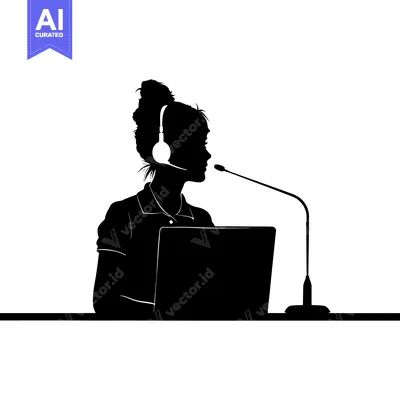 Popular premium asset: Silhouette of a Woman Wearing a Headset at a Desk with a Laptop and Mi