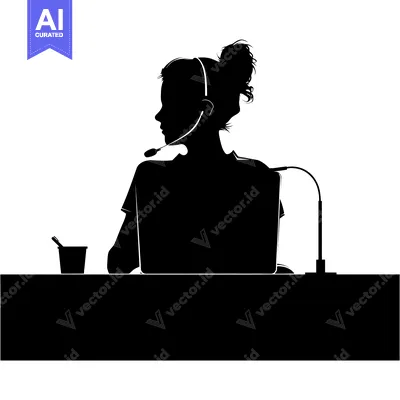Premium design asset: Black and White Silhouette of a Woman Using a Laptop with a Headset