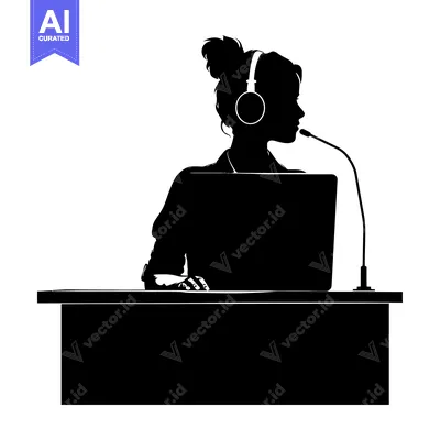 Silhouette of a Woman with Headphones and a Microphone at a Desk