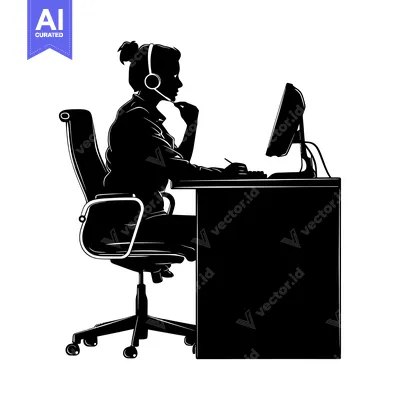 Aset premium populer: Silhouette of a Woman Working at a Desk with a Headset
