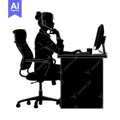 Premium design asset: Silhouette of a Woman Wearing a Headset Working at a Computer Desk