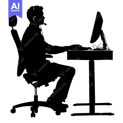 Aset premium populer: Silhouette of a Person Sitting in a Chair at a Desk with a Computer