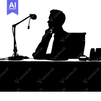 Aset desain premium: Silhouette of a Man Sitting at a Desk with a Microphone