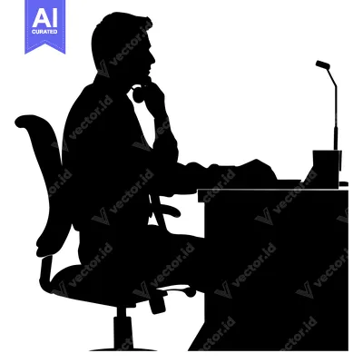 Aset premium populer: Silhouette of a Man Sitting at a Desk with a Microphone