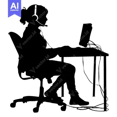Aset premium populer: Silhouette of a Person Wearing Headphones Sitting at a Desk with a Com