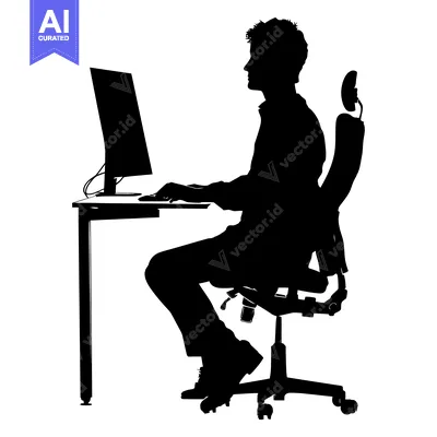 Aset desain premium: Silhouette of a Man Sitting at a Desk, Working on a Computer