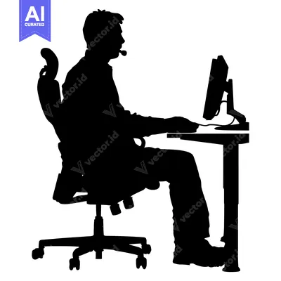 Aset desain premium: Silhouette of a Person Sitting at a Desk Using a Computer