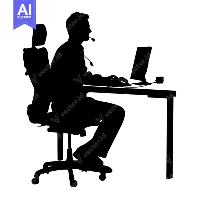 Aset desain premium: Silhouette of a Person Sitting at a Desk with a Computer and Headset