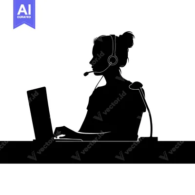 Aset desain premium: Silhouette of a woman wearing a headset and working on a laptop