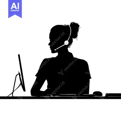 Aset desain premium: Silhouette of a Woman Working at a Desk with a Headset