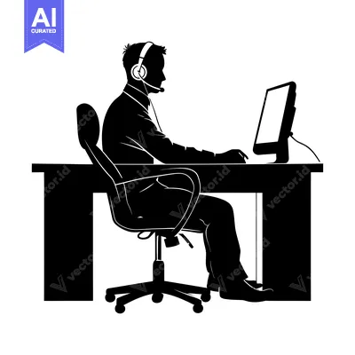 Popular premium asset: Silhouette of a man in a headset working at a desk with a computer