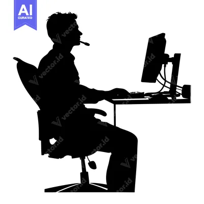 Aset desain premium: Silhouette of a Person Working at a Computer Desk with a Headset