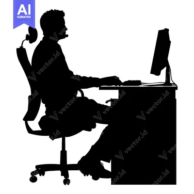 Aset desain premium: Silhouette of a Man Working at a Computer Desk
