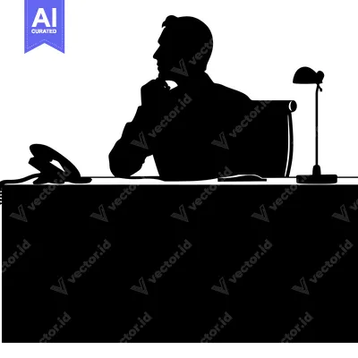 Aset premium populer: Silhouette of a man sitting at a desk with a phone and lamp