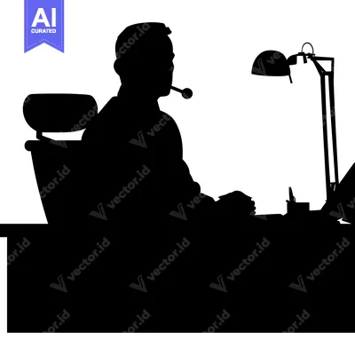 Aset premium populer: Silhouette of a Man Sitting at a Desk with a Lamp