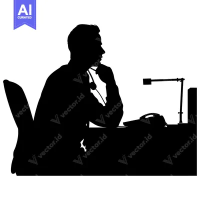 Aset desain premium: Silhouette of a man sitting at a desk, holding a phone, thinking