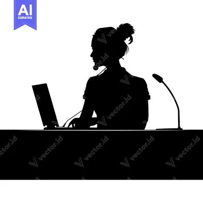 Aset premium populer: Silhouette of a woman with a headset, laptop, and microphone on a tabl