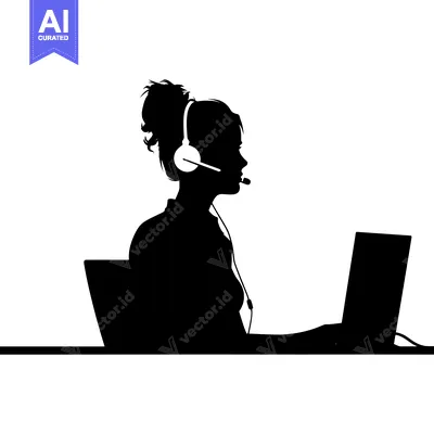 Premium design asset: Silhouette of a woman wearing a headset, working on a laptop