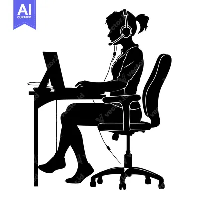 Premium design asset: Silhouette of a woman wearing a headset sitting at a desk with a lapto