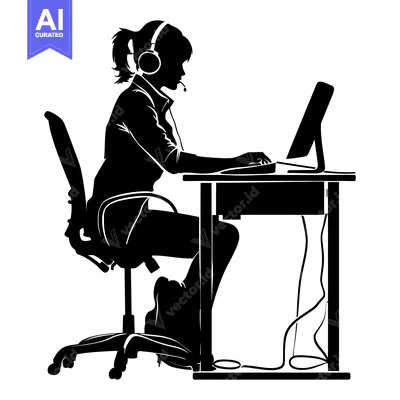 Aset premium populer: Silhouette of a Woman Wearing Headphones Working at a Desk