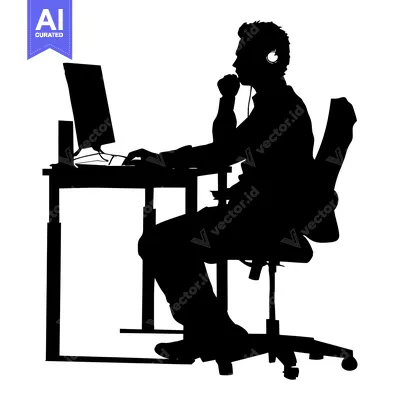 Aset premium populer: Silhouette of a Man Sitting at a Desk with Headphones on and Using a C
