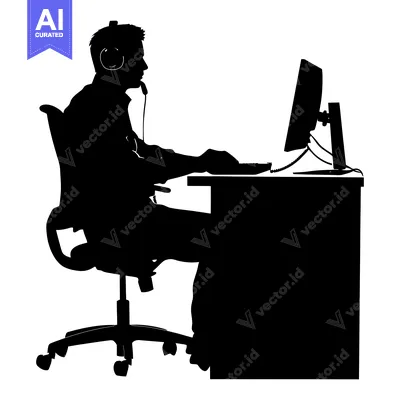 Aset premium populer: Silhouette of a Man Wearing a Headset, Working at a Desk with a Comput