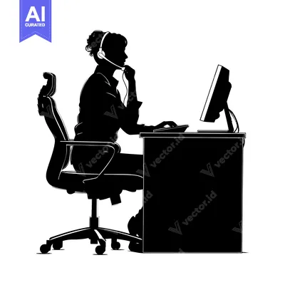 Aset premium populer: Silhouette of a Woman Wearing a Headset Working at a Desk