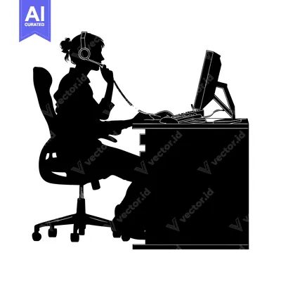 Popular premium asset: Silhouette of a Woman Working at a Desk with a Headset and Computer