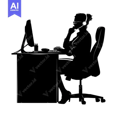 Aset desain premium: Silhouette of a woman working at a computer desk wearing a headset