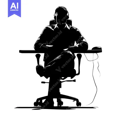 Aset premium populer: Silhouette of a Man Sitting in a Chair Wearing Headphones at a Desk