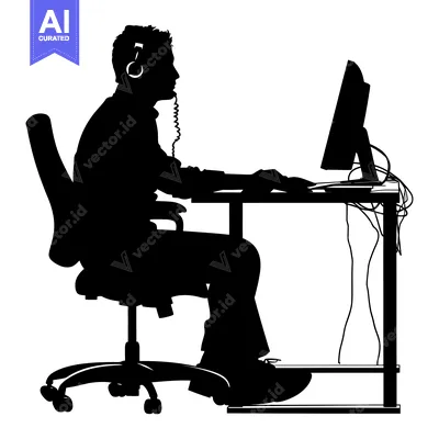 Aset premium populer: Silhouette of a Person Sitting at a Desk with a Computer and Headphone