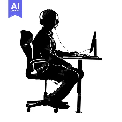Aset desain premium: Silhouette of a Person Wearing Headphones Sitting at a Desk with a Com
