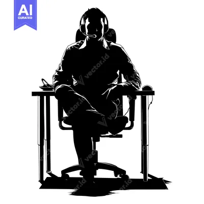Aset premium populer: Silhouette of a Man Sitting at a Desk with a Headset On