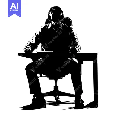 Aset desain premium: Silhouette of a Man Wearing Headphones Sitting at a Desk