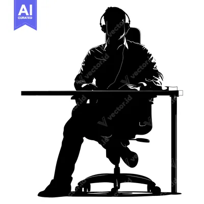 Aset desain premium: Silhouette of a Person Sitting at a Desk with Headphones On
