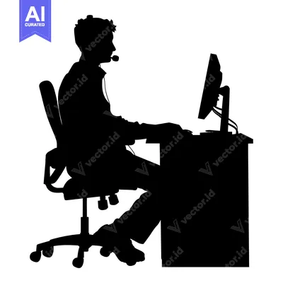 Premium design asset: Silhouette of a Person Sitting at a Desk with a Computer and Headset