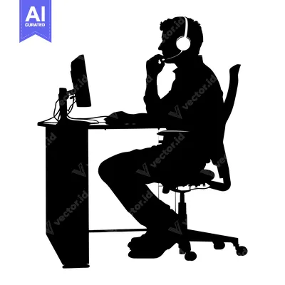 Aset premium populer: Silhouette of a Person Wearing Headphones, Sitting at a Desk with a Co